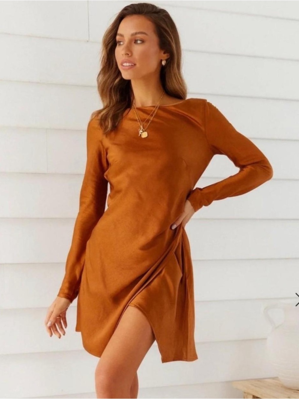 Hello Molly Rust Satin Long Sleeve Mini Dress